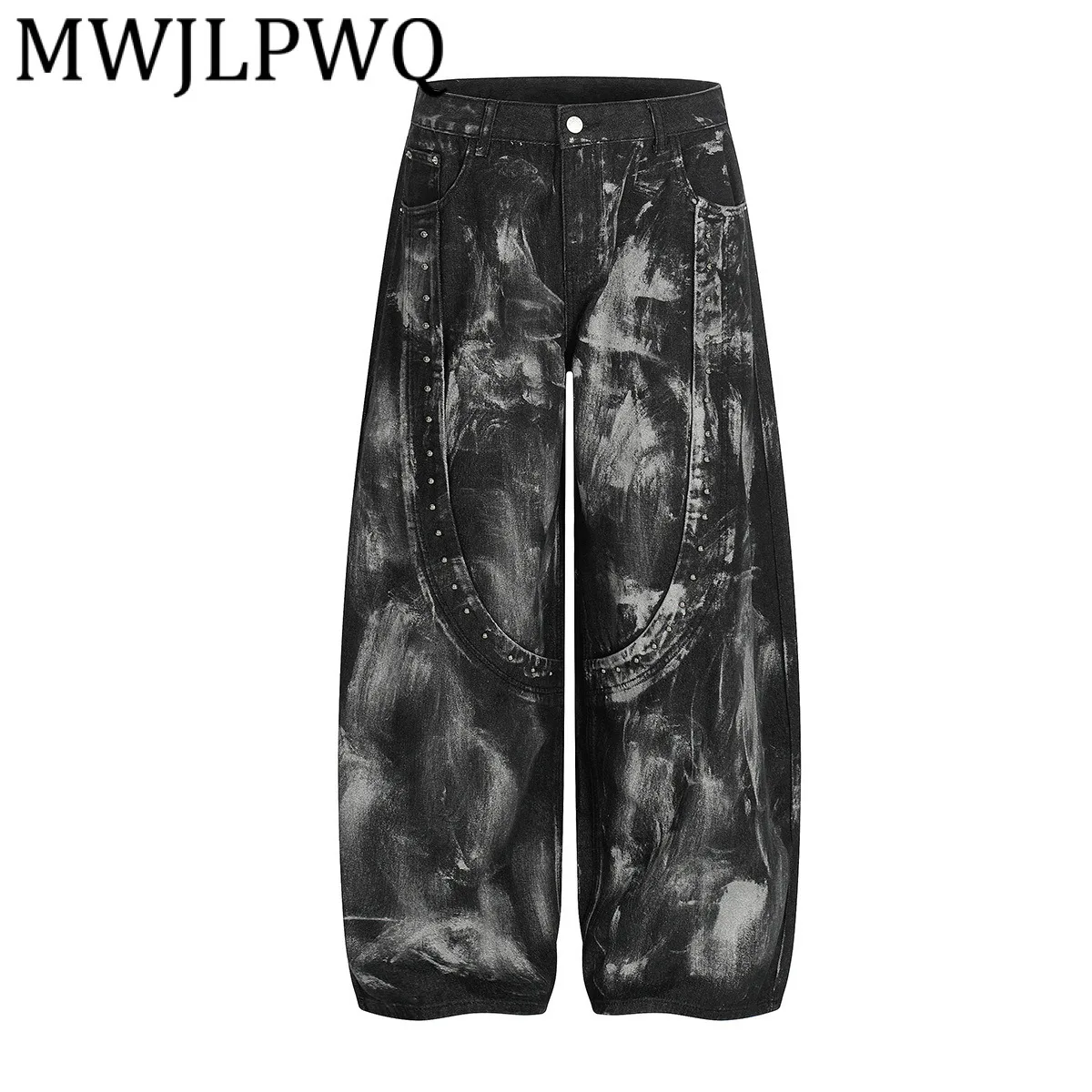 

MWJLPWQ Jiayiku Мужская одежда 2025 Новый американский High Street RO Стиль Scimitar Dirty Dyed Washed Jeans Широкие брюки с заклепками 21822