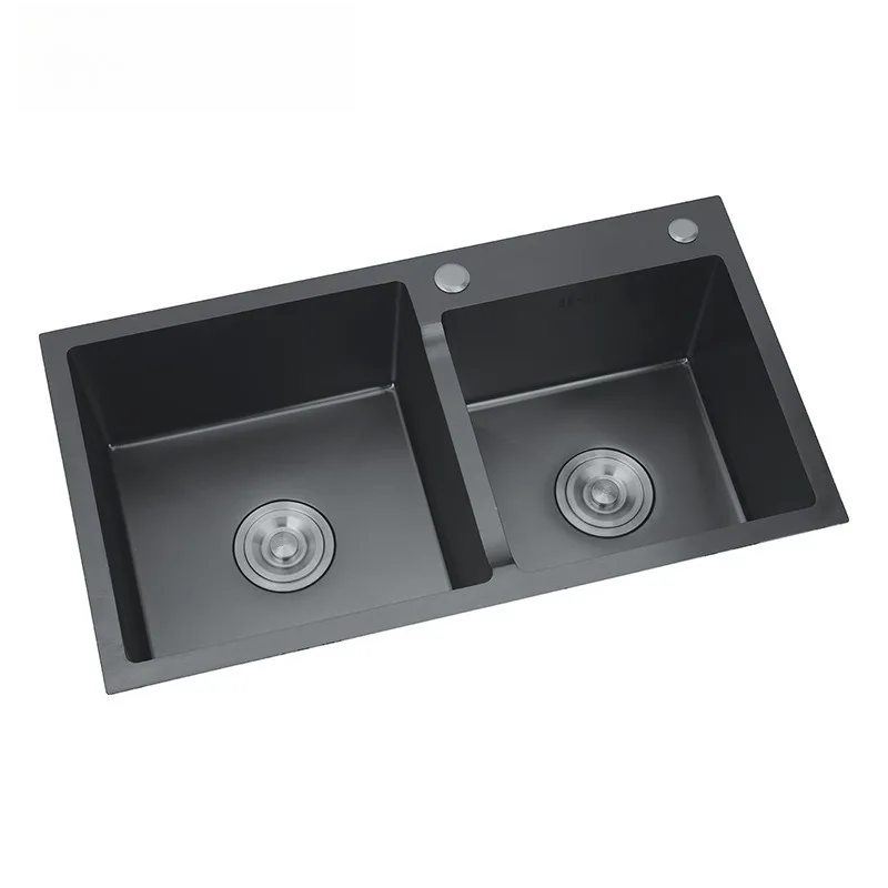 Stainless Steel Kitchen Sink Nano Black Gold Steel Handmade 2 Bowl Double Basin Undermount Thickened Sink with Drying Baske