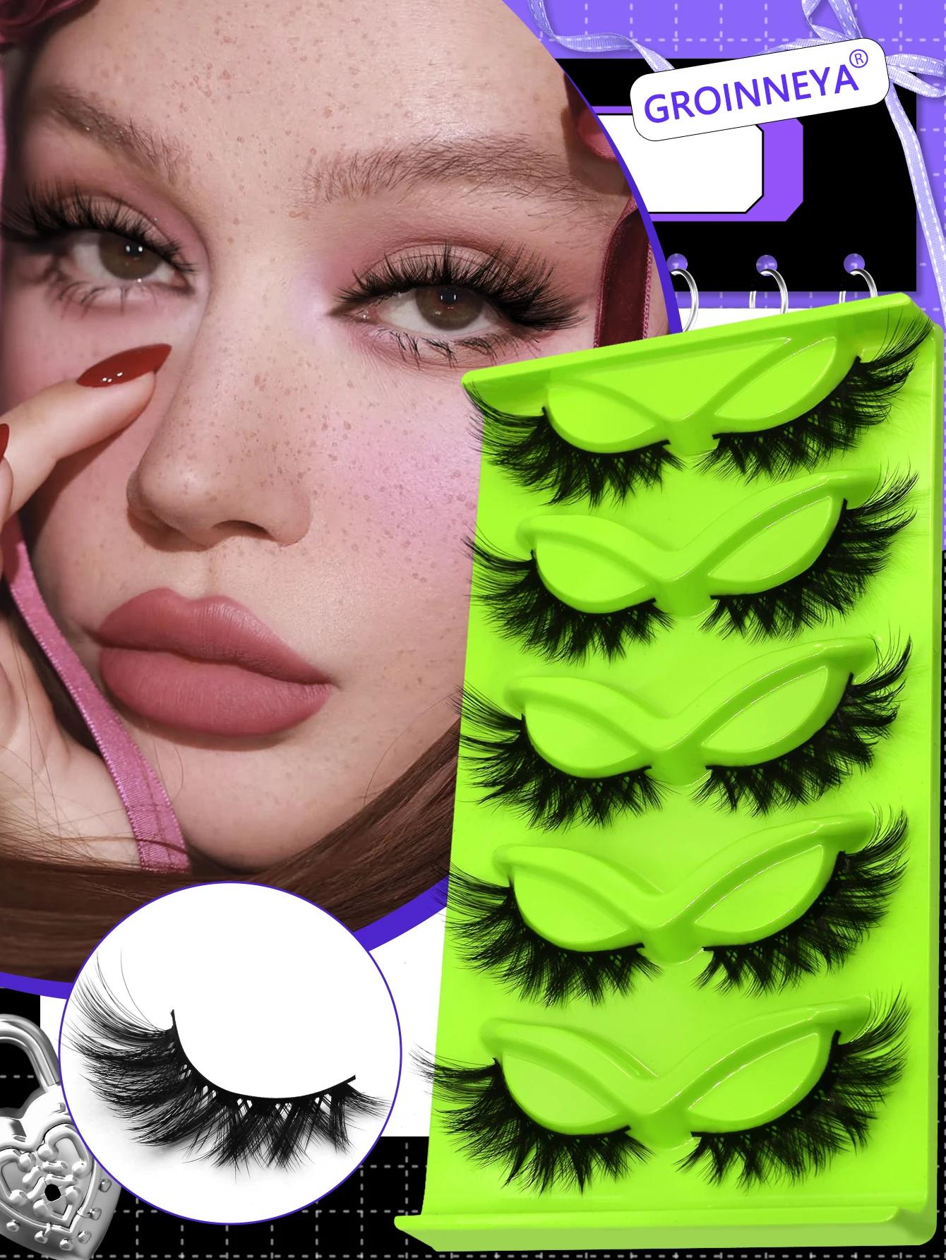 GROINNIA ​ ​ ​ ​ キャットアイまつげふわふわドラマチックな濃密まつげフェイクミンクまつげ翼エンドアイ細長いまつげエクステンションメイク