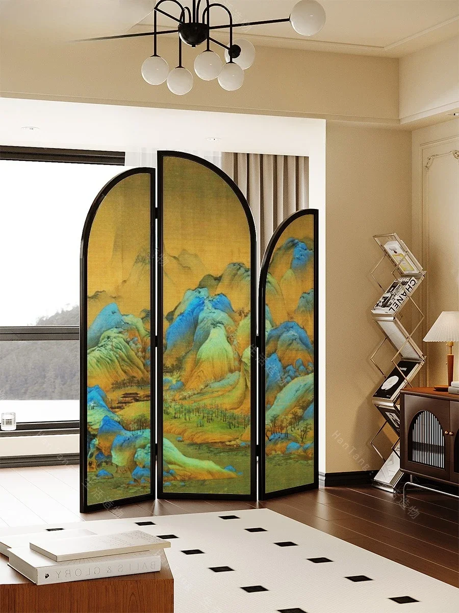 New Chinese retro solid wood landscape partition living room bedroom folding mobile office tea room block background