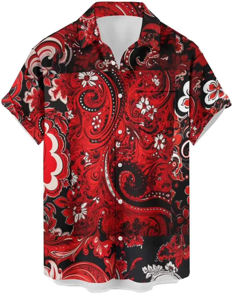 

Men's 3D Print Short-Sleeve Shirt - Bright Red with Black Leaf Pattern, Lightweight Breathable Fabric, Machine Washable, Summer