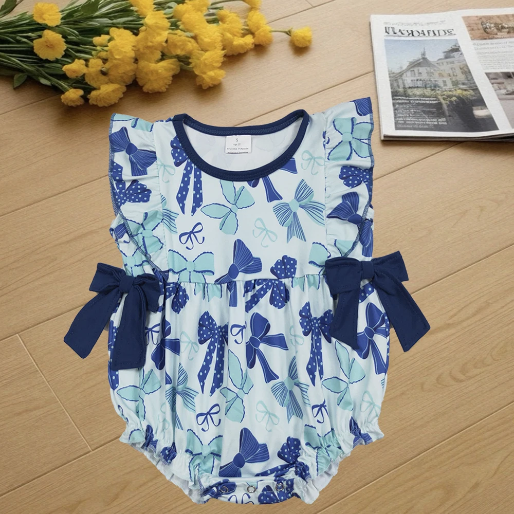 

8.27 Baby Girls Summer Hot Blue Flutter Sleeves Bows Plaid Ruffle Rompers
