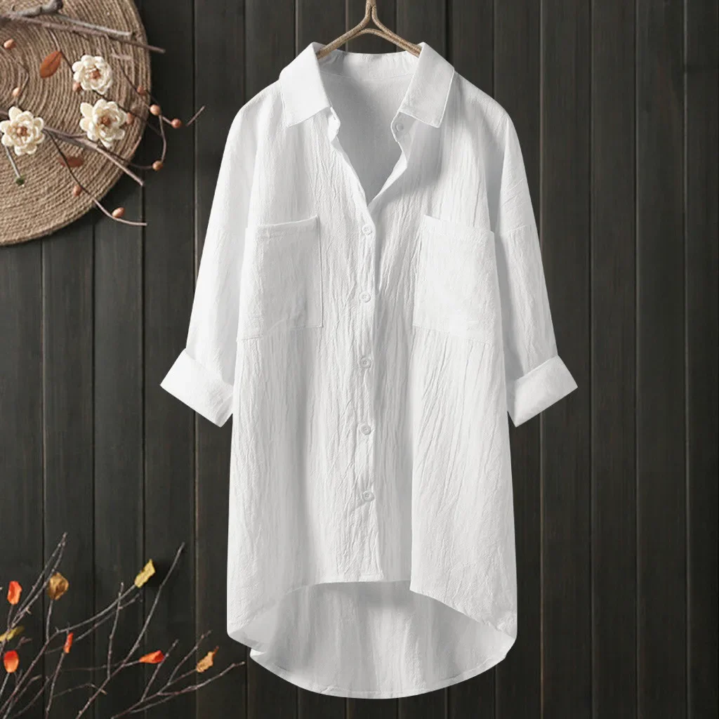 Camisa blanca informal de lino y algodón para mujer, blusa holgada con cuello de solapa y botones, cárdigan de manga larga, ropa de playa