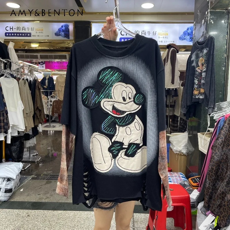 

Heavy Industry Cartoon Long Sleeved Kawaii T-shirt Cothes Women's Loose Casual Sweet Top Pullover Tshirts Y2k Clothes Cute Tees