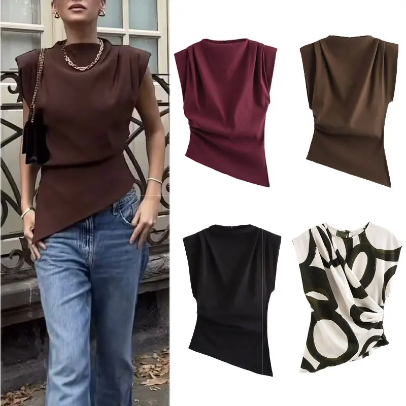 New Sleeveless with Shoulder Padded Top Pleated Slim Slant Hem Asymmetric Shirt Fashionable Hundred Senior Commuter Women's