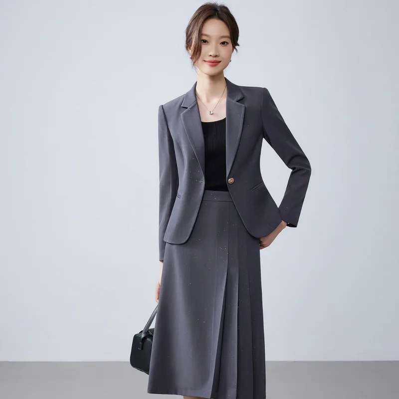 Apricot Silver Sprinkled Blazer for Women2025Spring and Autumn New Style High-End Elegant Slim Fit Two-Piece Skirt Set