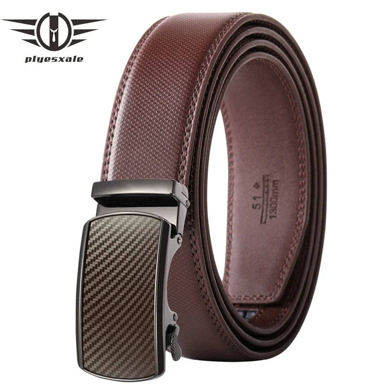 Plyesxale Cowskin Leather Belt Men Automatic Buckle Brand Luxury High Quality Casual Business Belts Male Brown Black Blue B544