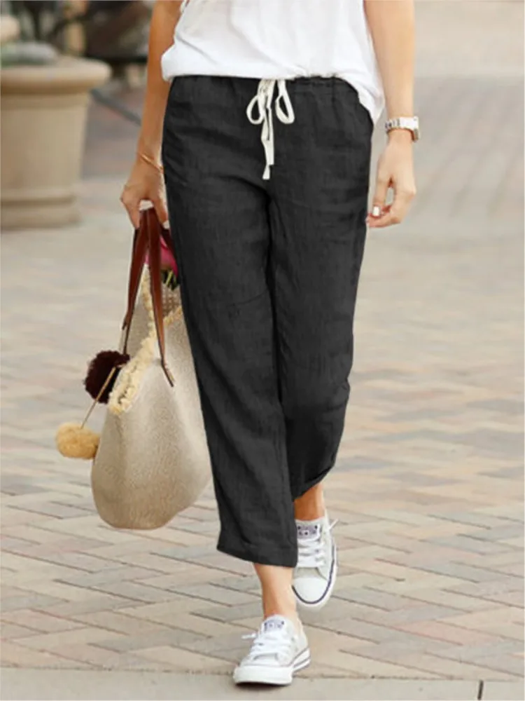 Cotton Linen Women\'s Pants Black Drawstring Elastic Waist Casual Pants Female Loose Fashion Elegant Ladies Bottom Spring Summer