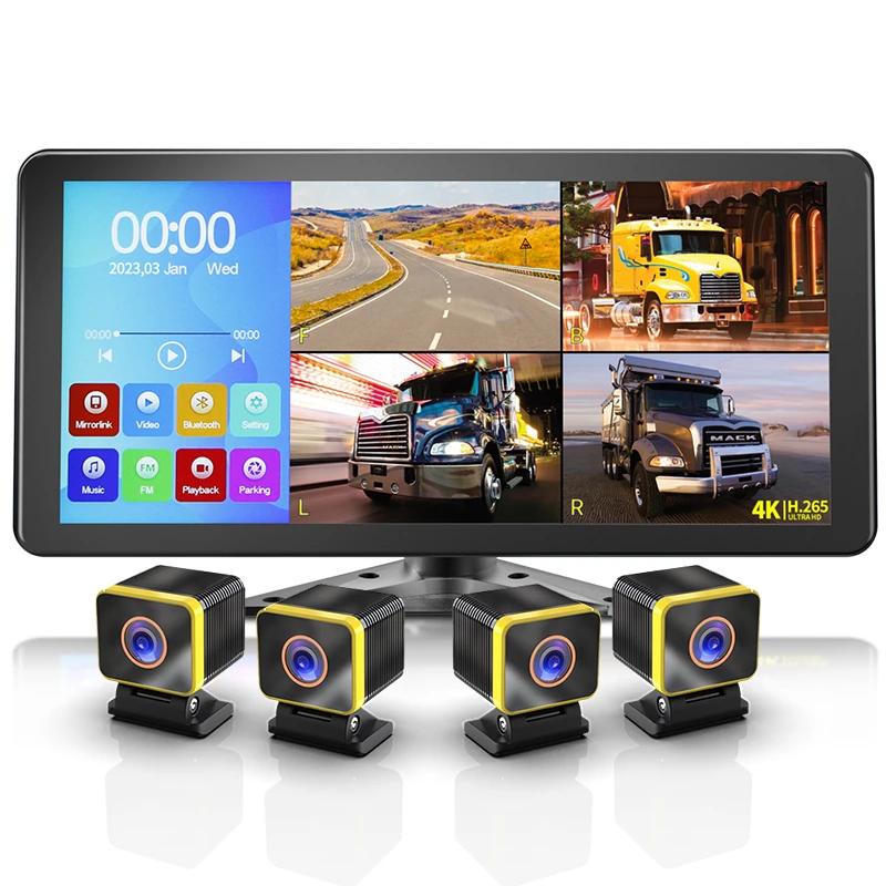 Lecteur MP5 de limitation d'écran tactile IPS, caméra de tableau de bord de voiture, caméra 10.36 P, 4 pièces, DVR 4CH, 1080 pouces