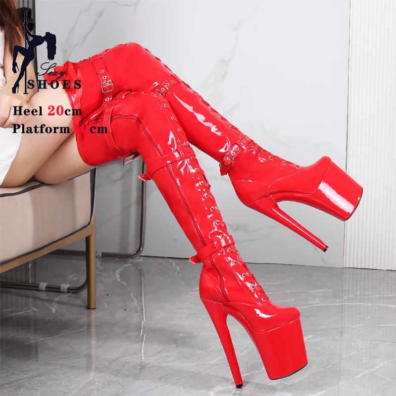 20cm/8inchs Front Strappy Sexy Super High Women Boots Stripper Shoes Flex PU Over Knee Boots Ladie\'s Pole Dance Thigh High Boots