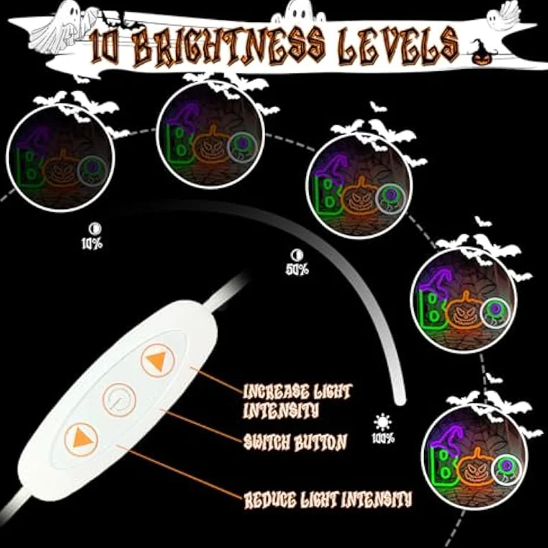 Halloween Witch's Hat Boo Pumpkin Neon Sign Dimmable Boo Lights for Wall Decor for Bedroom Window Party Light Up Gift