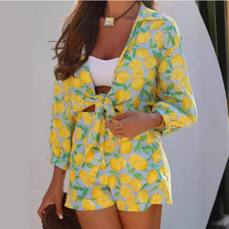 

Fashion Vacation Lemon Print Long Sleeved Cardigan Set Summer V Neck Versatile Lace Up Top Loose Waist Casual Shorts 2-piece Set