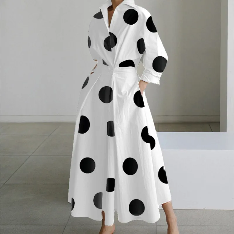 

Autumn Dress Long Sleeve Dot Print Elegant Maxi Dresses For Women 2024 White Casual V Neck Shirt Party Long Dress Robe Femme