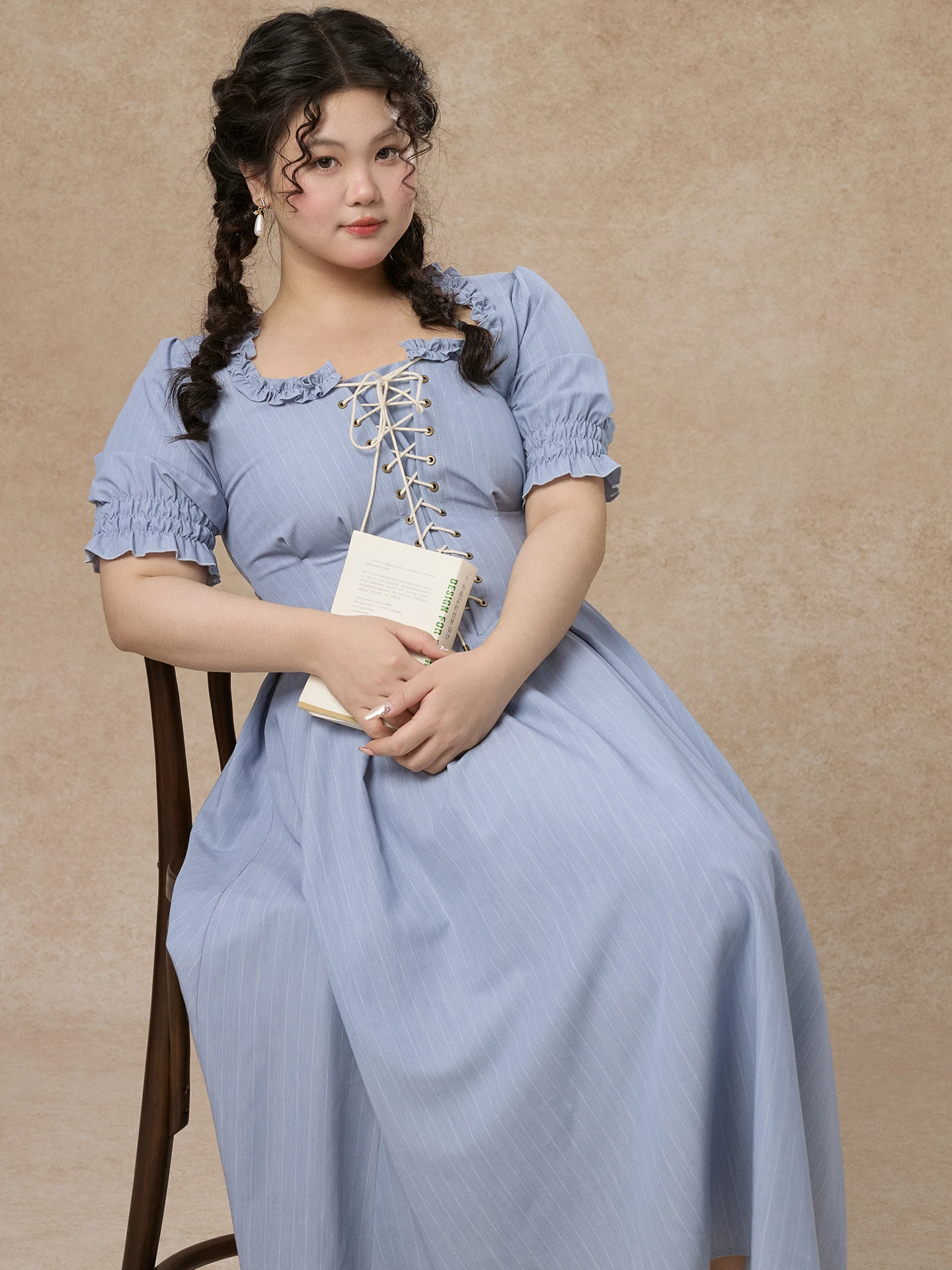 

Синее полосатое платье с коротким рукавом и кружевом, больших размеров, женское, в французском стиле, А-силуэт, для создания эффектного образа