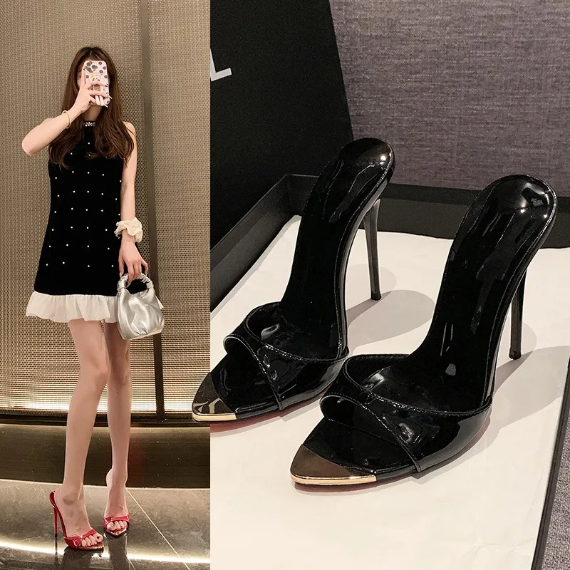 2026 New Metal Pointed Sexy Stiletto Heel Slippers Women's Summer Large Size High Quality Professional Open Toe Slippers view 4
