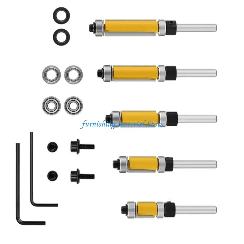 Y5GD 5/15Pcs 1/4inch Bearing Template Trim Mortising Router Bit Straight End Mill Trimmer Cleaning Flush Trim Cutter Tool