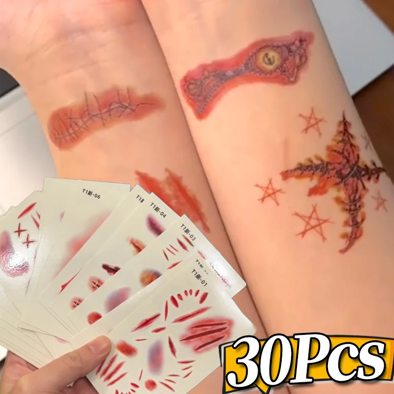 Halloween Tattoo Sticker Realistic Scar Bloody Wound Temporary Tattoos Waterproof Party Body Art for Kids Adults Cosplay Decals