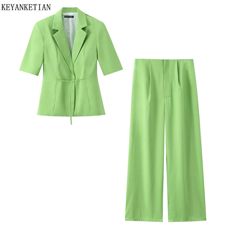 KEYANKETIAN 2026 Summer New Office Lady Short Sleeve Blazer Set Tie Waist Wide Leg Pants Green 2 Piece Workwear Suit