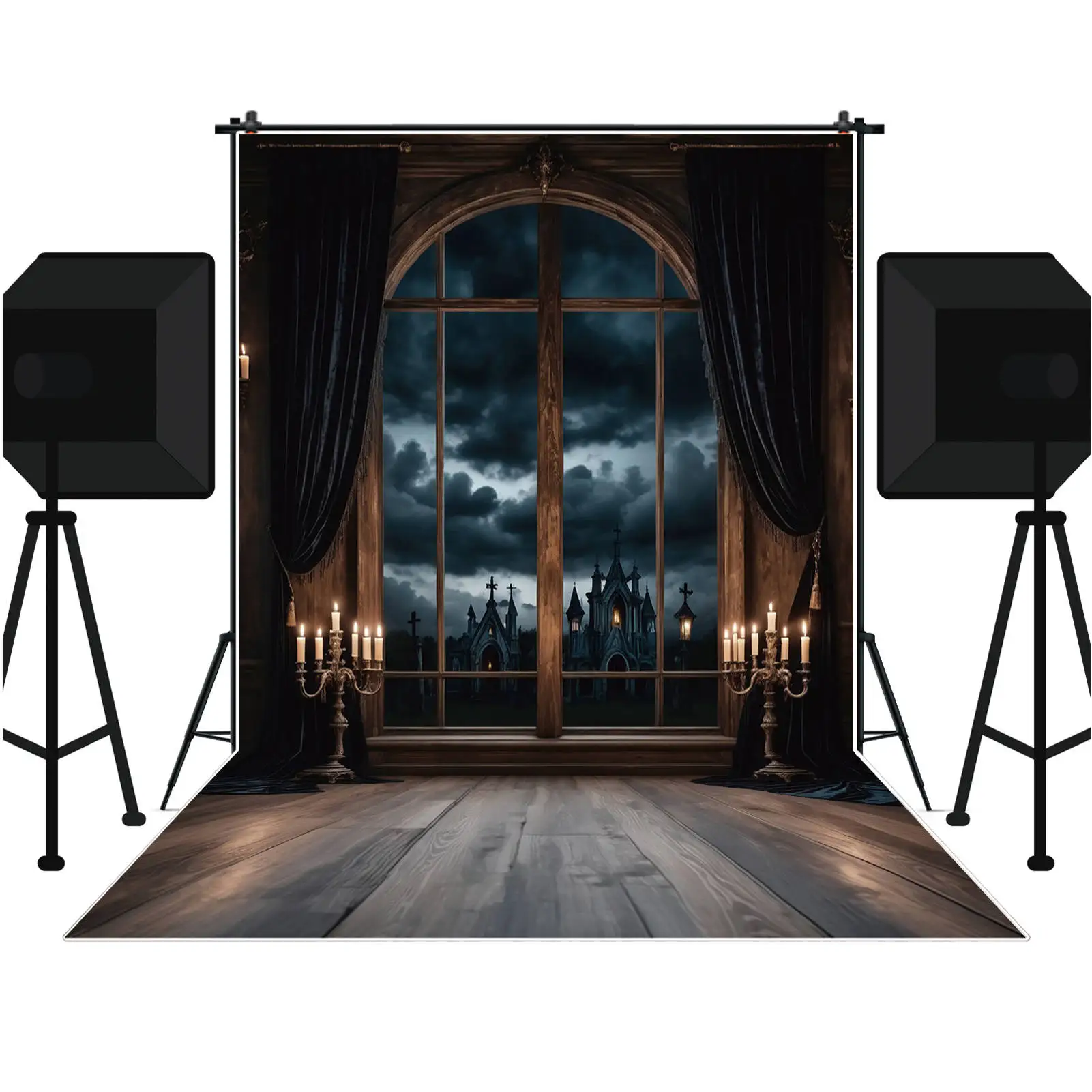 MOON.QG Halloween Backdrop Photography Curtain Window Candle Cemetery Photozone Background Child Studio Photobooth Supplies