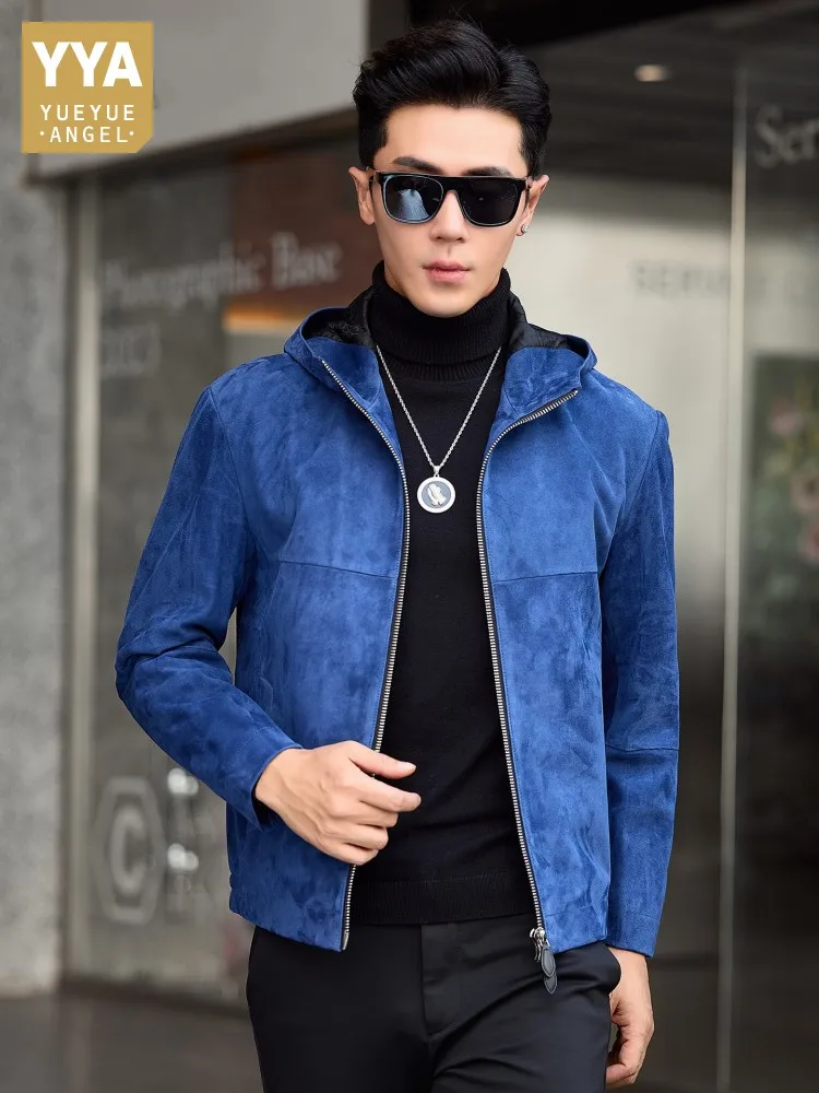 

Luxury Male Slim Short Jackets Autumn Winter Warm Mens Sheep Suede Hooded Jacket Casual Genuine Leather Zipper Coat Outerwear