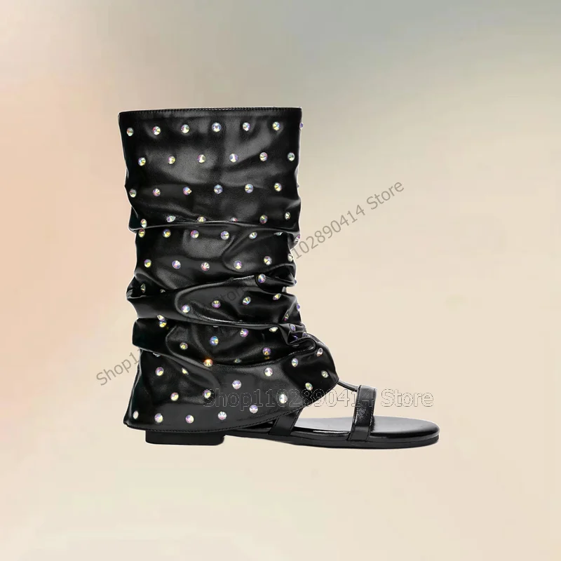 Colorful Crystal Decor Black Open Toe Sandals Boots Slip On Women Shoes Turned Over Low Top New Fashion 2023 Zapatos Para Mujere