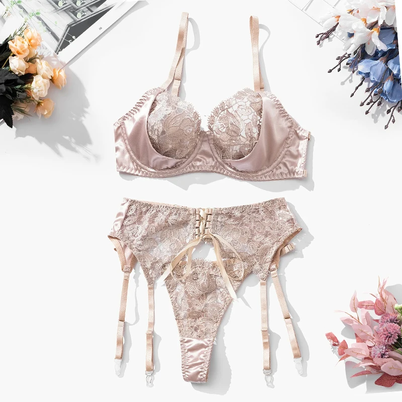 Fancy Lingerie Floral Embroidery Satin Underwear Delicate Erotic Sets Sexy Intimate Bra and Panty Set Sissy Romantic Lingeries