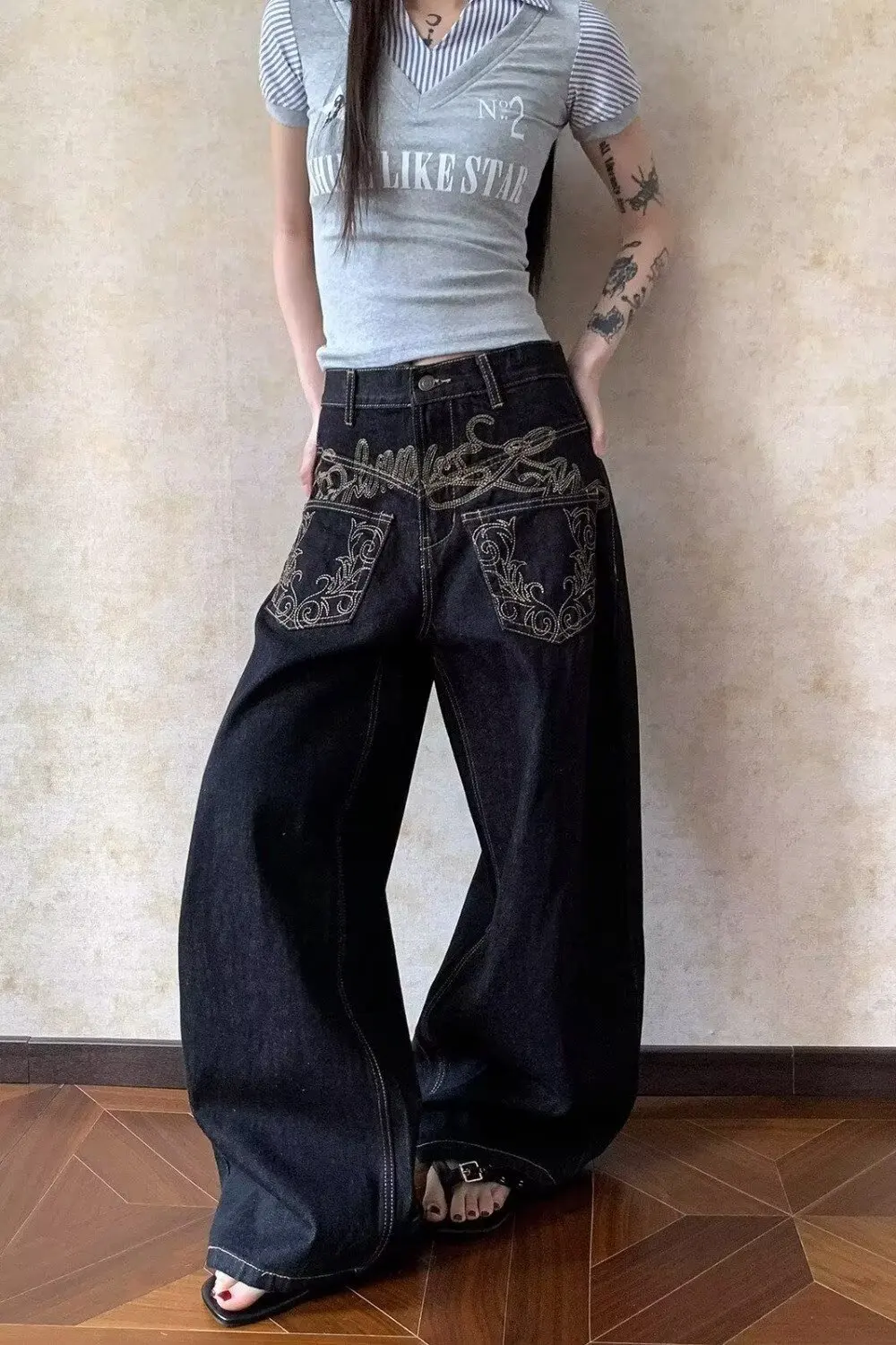 Women Chic Baggy Embroidery Jeans Grunge Japanese Low Rise Y2K Denim Pants 2000s Vintage Aesthetic Low Rise Baggy Denim Jeans