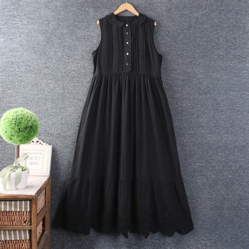 Wiosna Lato Słodka Mori Girl Jednokolorowa haftowana sukienka bez rękawów dla kobiet Uroczy kołnierzyk Peter Pan Bez rękawów Casual Under the Dress