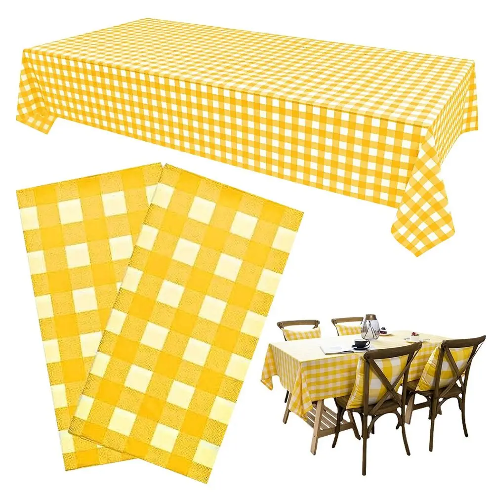 2 Pack Yellow and White Gingham Tablecloth Plastics Rectangle Desktop Decoration Waterproof & Wrinkle 54 X 108 Inches