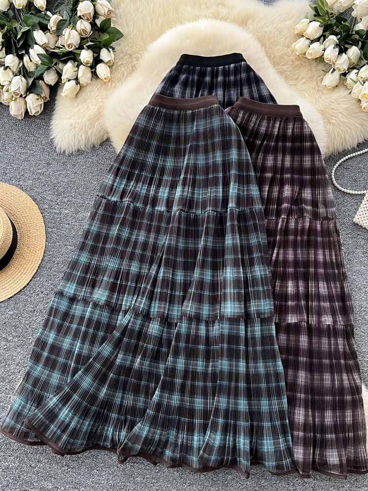 

Ele High Waist Plaid Tulle Skirt Women's Autumn Sweet Versatile Draped Midi Skirt Ci Commute Stand Fit A-Line Skirt