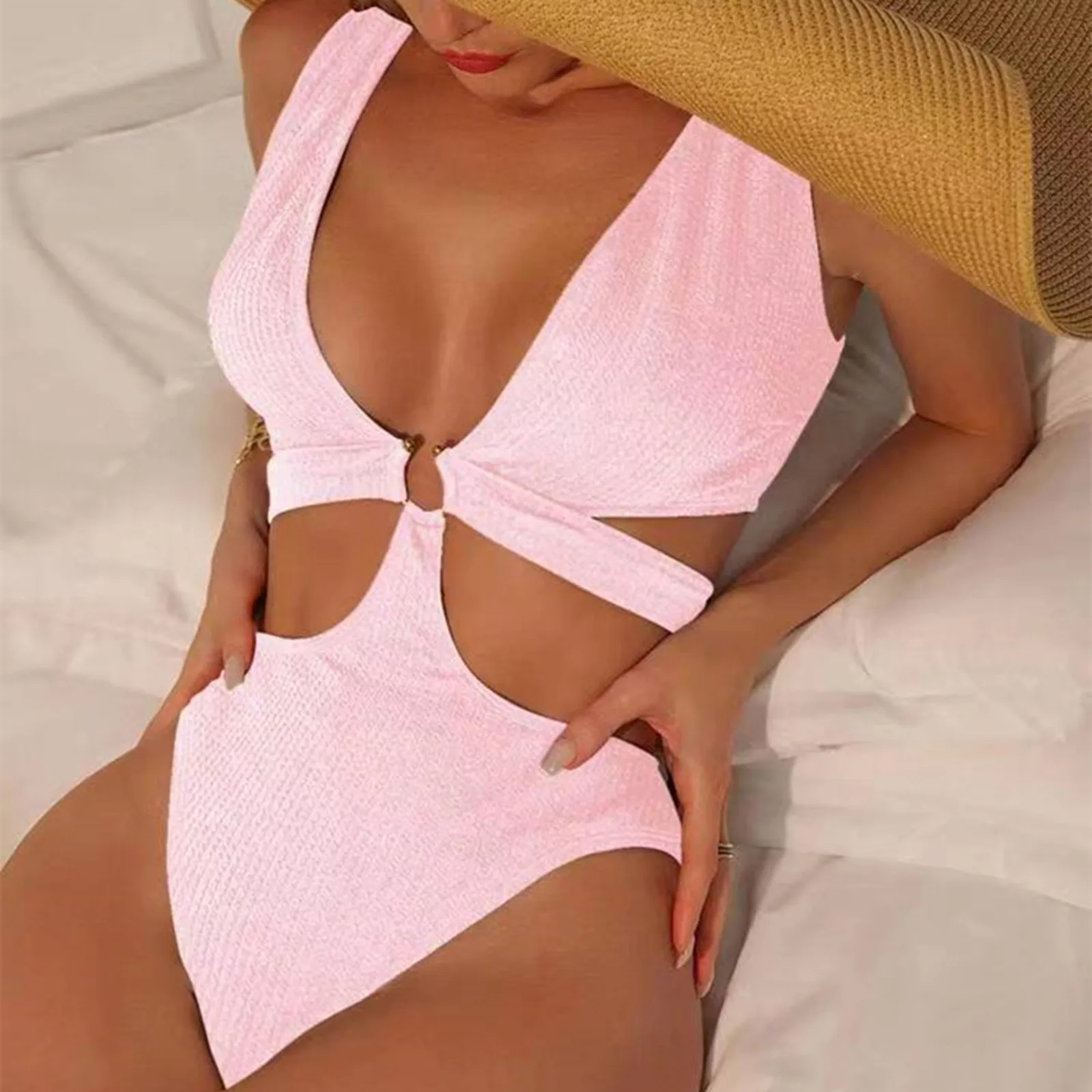 Women'S 2024 New Swimsuit Sexy Deep V Hollow Out One-Piece Bikini With Metal Ring Summer Causal Solid Swimsuit With Bra Pads