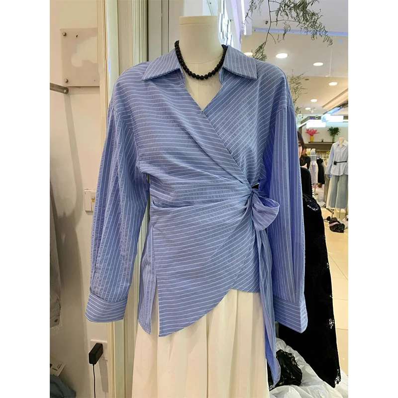 Women Clothing Lace-up Casual Striped Shirt Spring Autumn Office Lady Loose Casual Long Sleeve Top