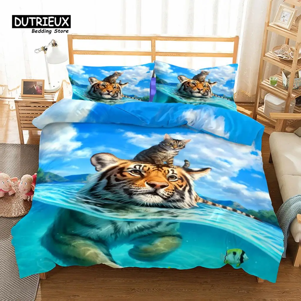 

3D Tigers Duvet Cover Set, Fashion Bedding Set, Soft Comfortable Breathable Duvet Cover, For Bedroom Guest Room Decor