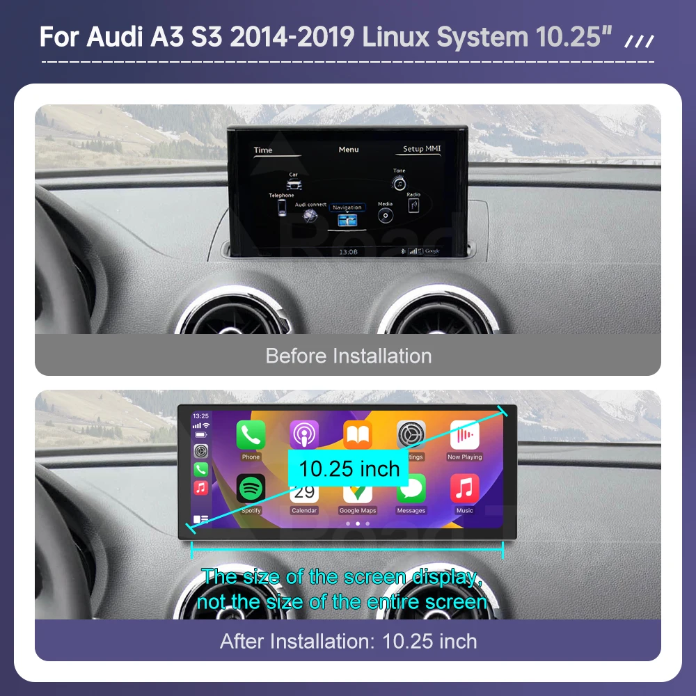 Road Top 10,25-Zoll-Linux-Bildschirm für Audi A3 S3 2014-2019 mit kabellosem CarPlay, Android Auto und Airplay – Autoradio-Player