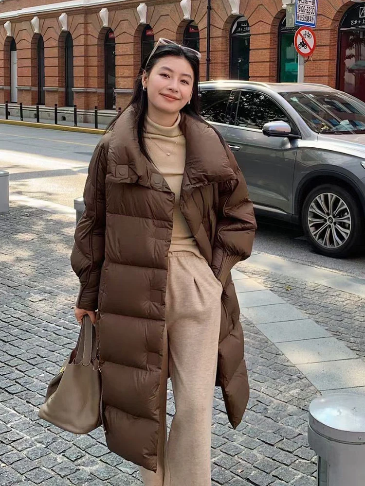 

Winter Lapel Fluffy Knee Length Down Jacket Women White Duck Down Warm Down Jackets Female Magnetic Button Long Parker Outwears