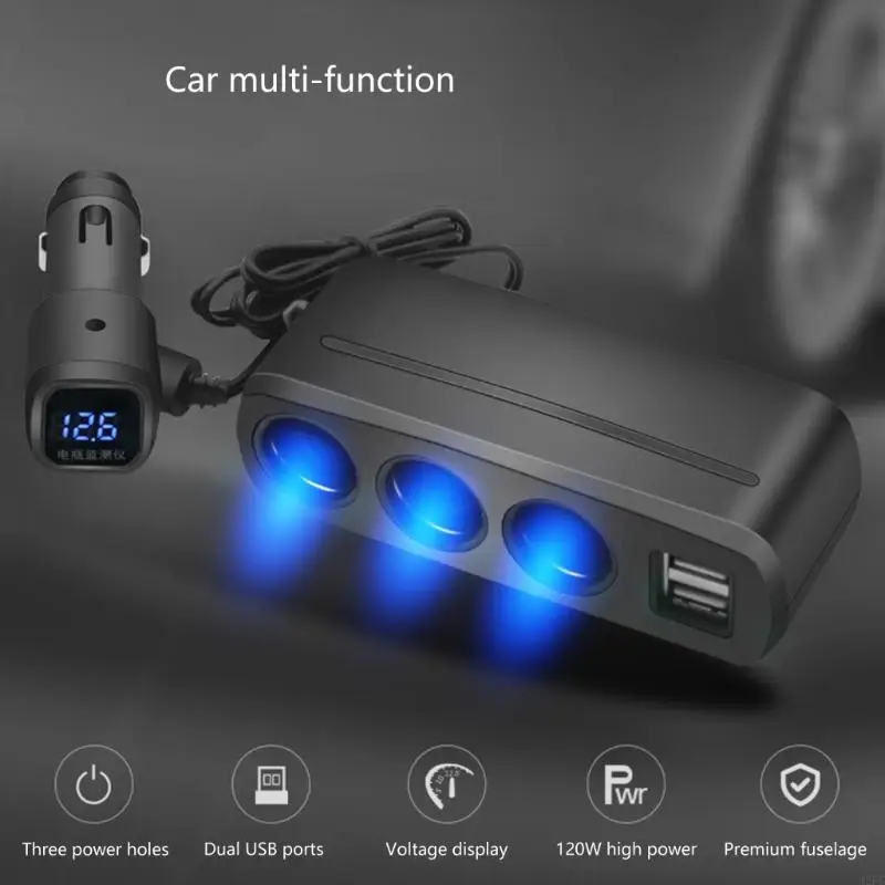 

J2FC High Capacity Car Power Adapter with 3 Socket and 2 USB Port for Mobile Devices