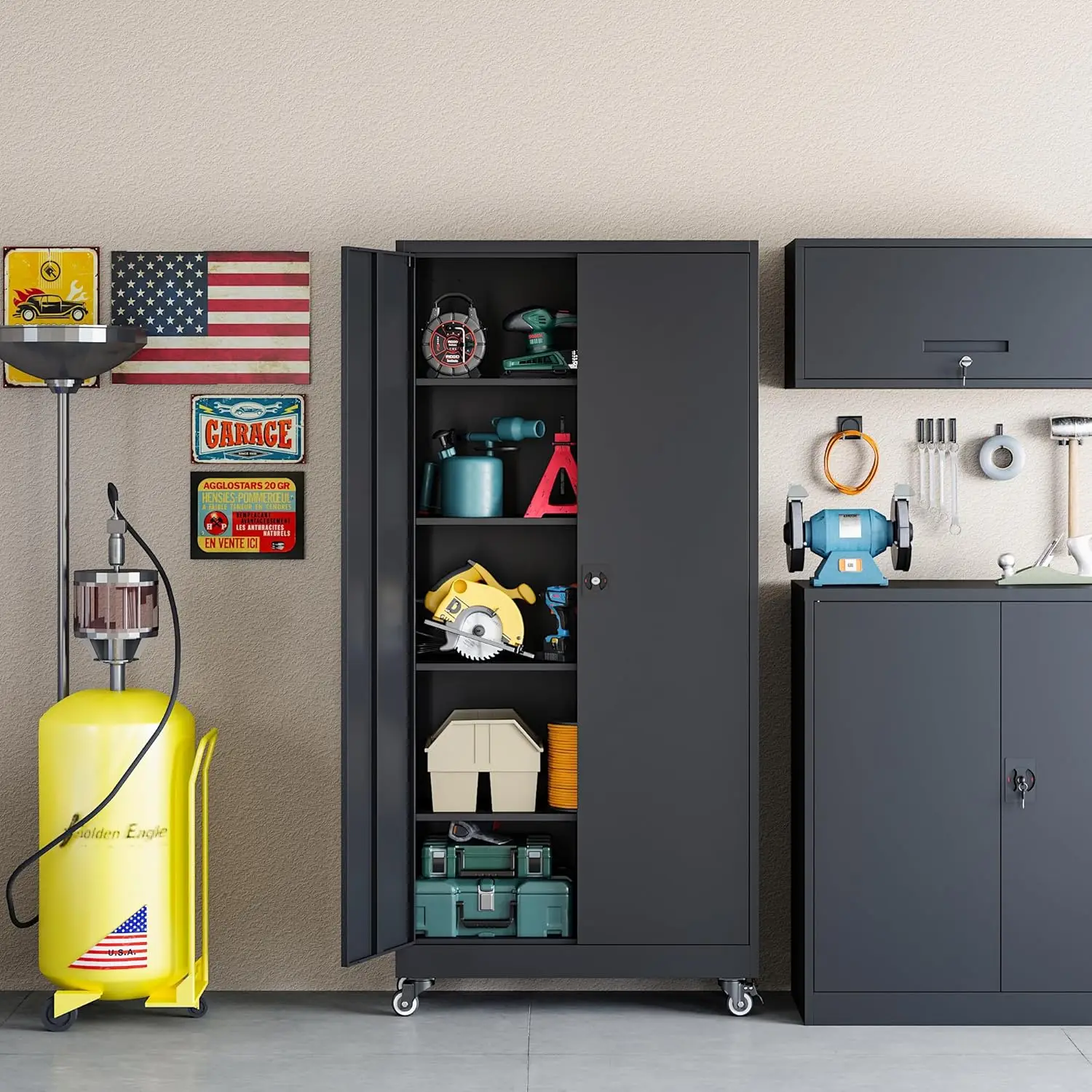 73' Black Locking Tool Cabinet with Wheels, 2 Doors, 4 Shelves, Heavy Duty Garage Storage