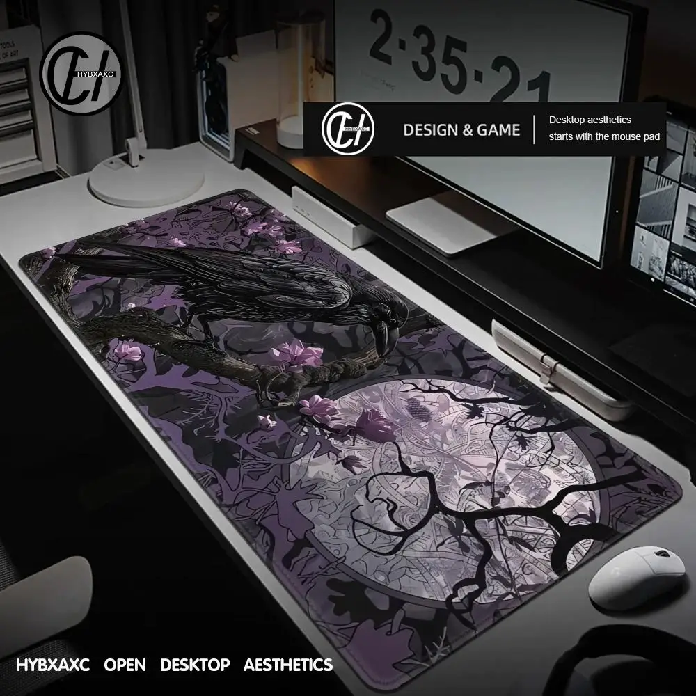 Gothic Raven Moonlit Night Mauspad, Faser, Blumenmuster, schwarzer Zweig, Büro, mystisches Schreibtischzubehör, erweitertes Pad, großes 100 x 50 Mousepad