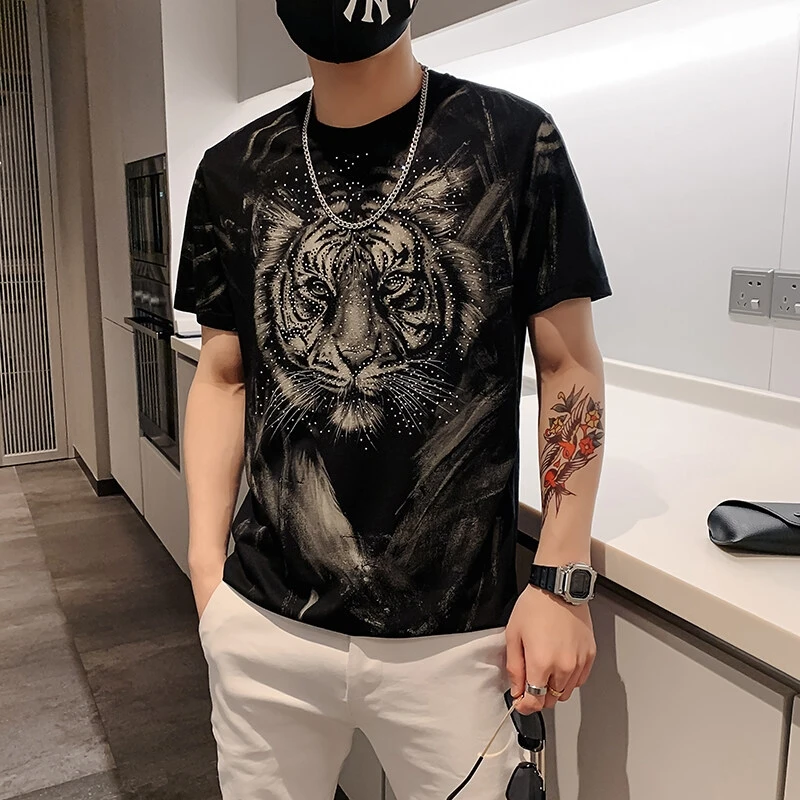 Silky Cotton Exquisite T Shirt For Men Short Sleeve Rhinestone Summer High Quality Soft Comfortable Slim Fit Camisetas De Hombre