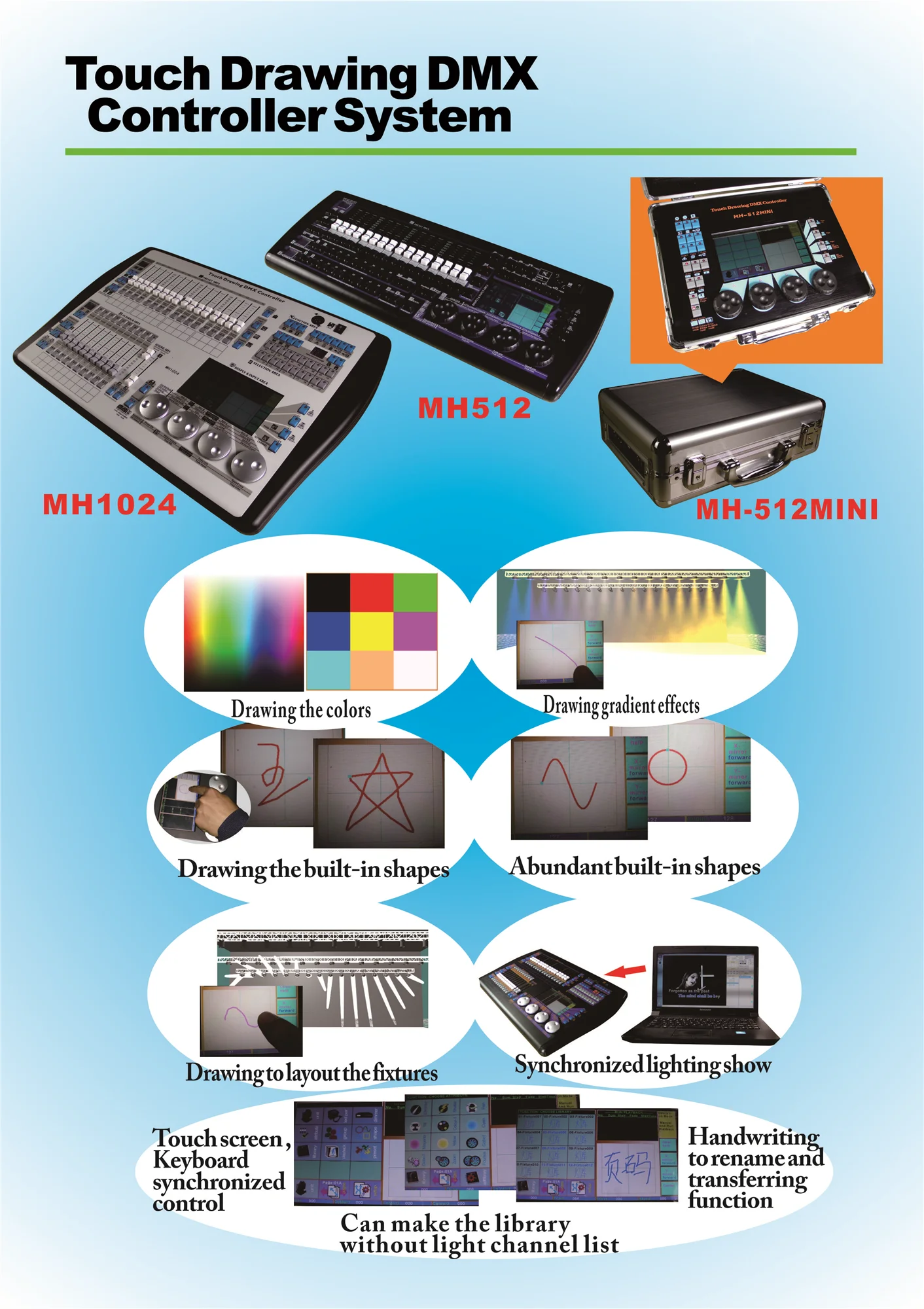 شاشة تعمل باللمس 1024 وحدة تحكم الإضاءة Dmx512 وحدة تحكم ضوء المرحلة رسم يدوي وحدة تحكم برأس متحرك لأضواء المسرح