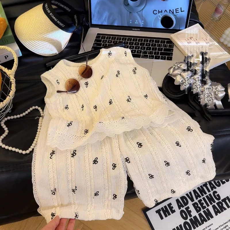 Summer 2-8Yrs Children Girls 2PCS Clothes Set RAISE Bow Lace Hem Kids Girls Vest Sutis Loose Casual Hole Wide Leg Pants Outfits