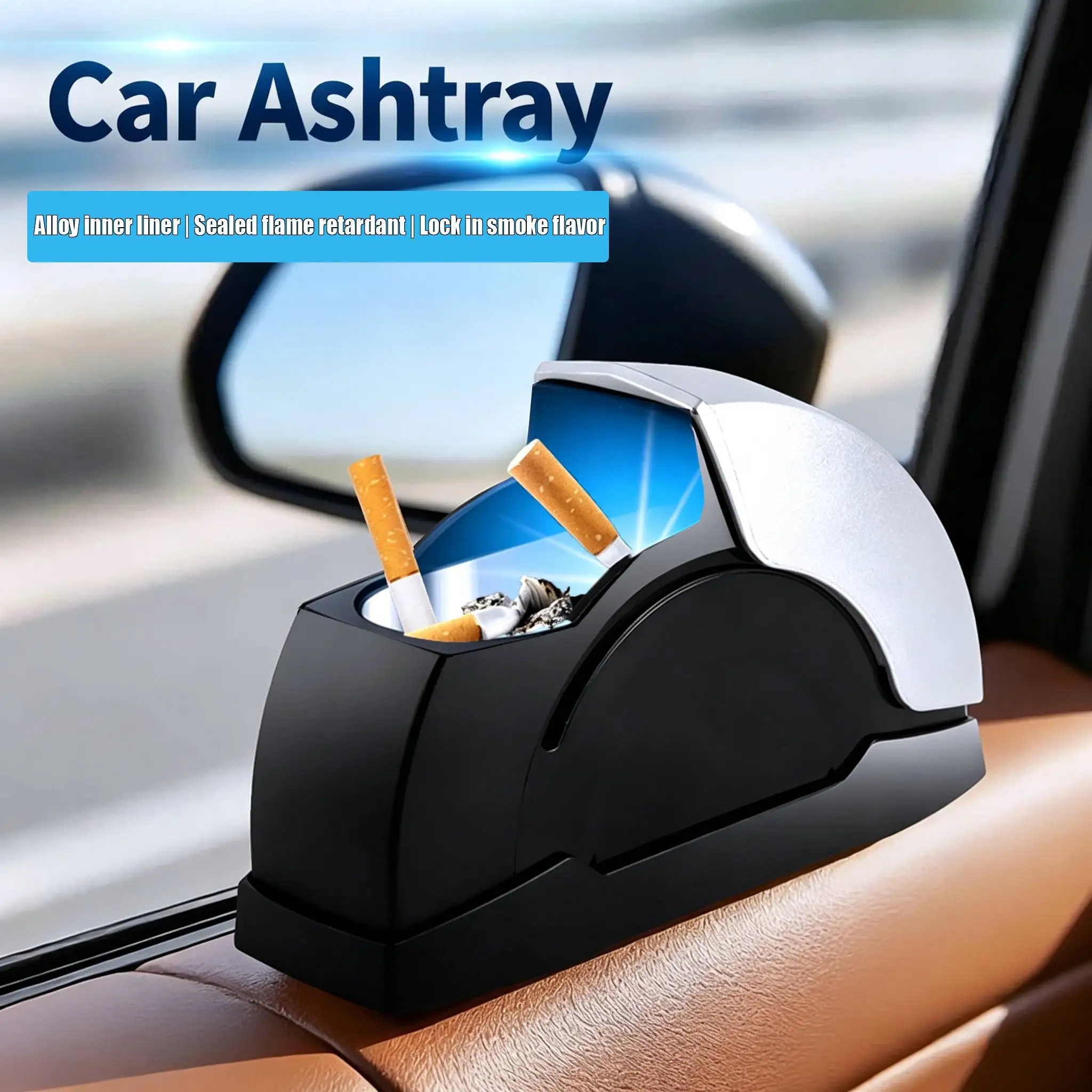 Windproof Car Ashtray with Night Light Feature Metal Lined Sleek Design Vehicle Door Compatible for Smokers