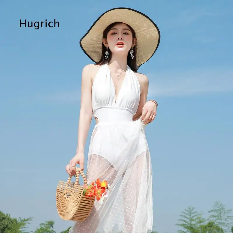 Women Two Piece Halter Deep V One Piece Swimsuit With Side Cut Out And Sheer Mesh Split Long Cover Up Skirt For Summer