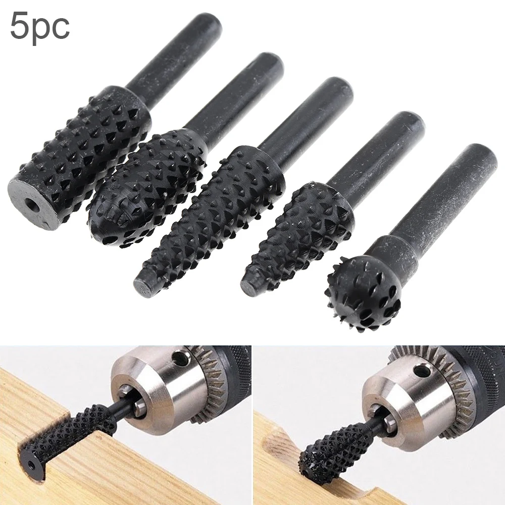 5pcs/set Black DIY Carpentry Metal Wolf Tooth Stick Rasp Burr Rotating Files 6mm Shank for Electric Grinding Head Grinding Tool