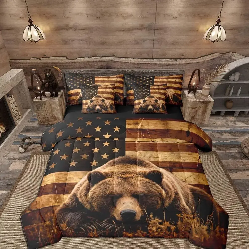

7-Piece King Size Bear Themed Bedding Set for Kids & Adults - Rustic Cabin Style Wildlife Decor