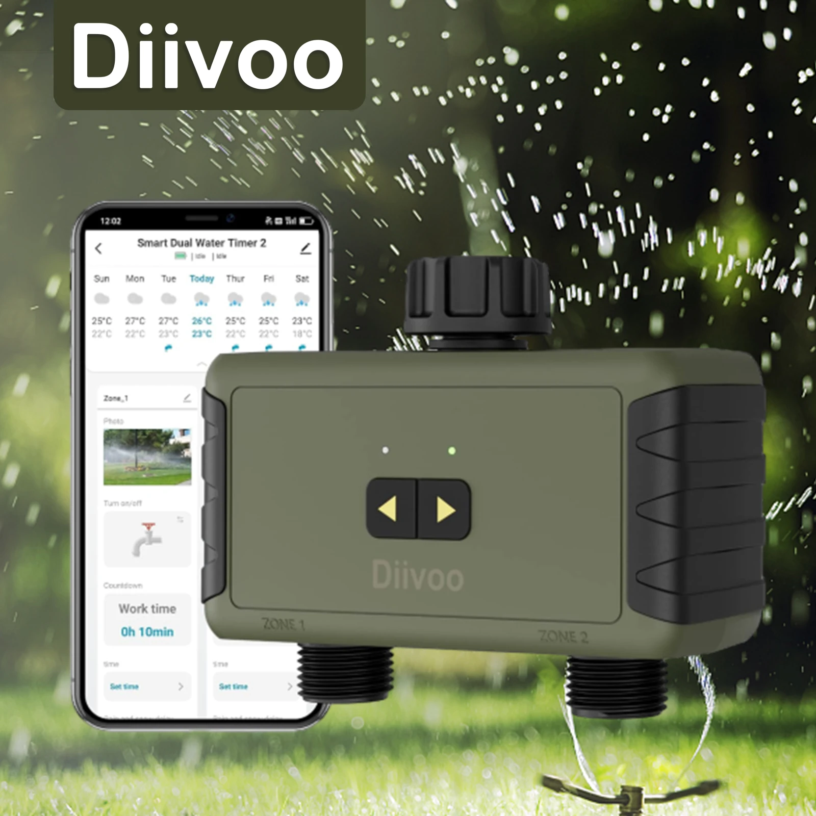 

Diivoo Bluetooth Sprinkler Timer Garden Hose 2 Zone Has A 49.2-foot Working Range for Patio Lawn, Pool Watering