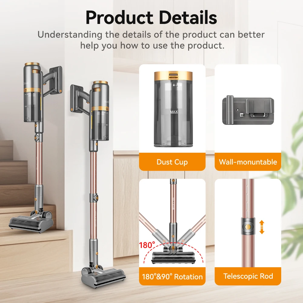 E.LUO 무선 진공 청소기 35KPa 1h 휴대용 가정용 진공 청소기, 하드 플로어/자동차/애완 동물/애완 동물 털용 LED 디스플레이