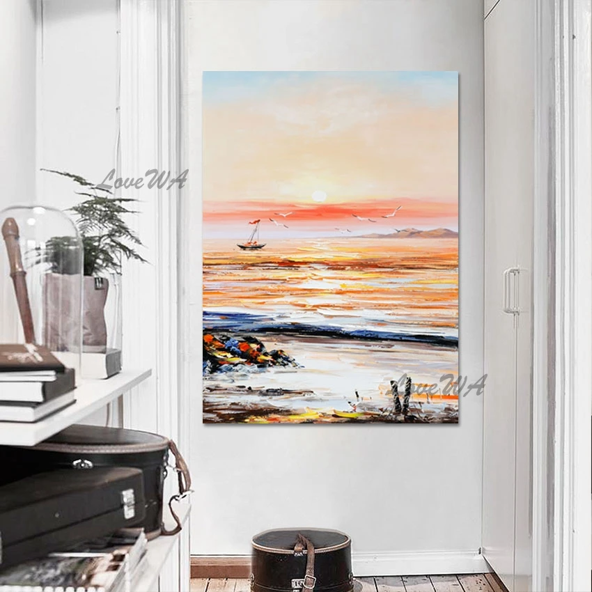 Beautiful Scenery Wall Painting Decor Picture Unframed Seascapes With Boats Canvas Draw Art Coastal Reef Abstract Oil Painting