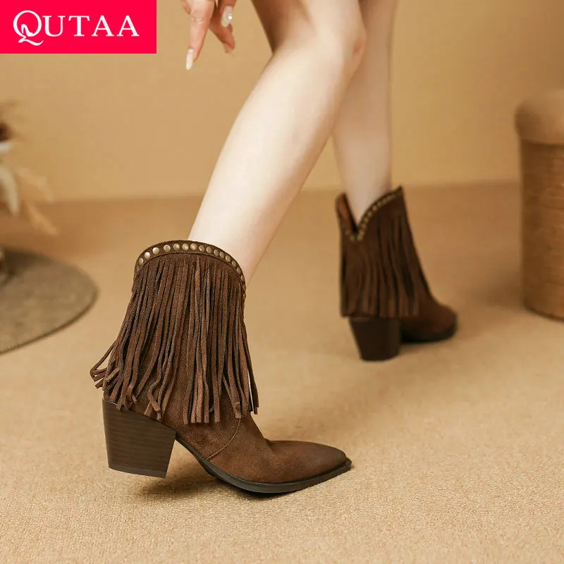 QUTAA 2024 Winter Women Ankle Boots Western Thick High Heels Genuine Leather Shoes Woman Square Toe Motorcycle Boots Size 34-39