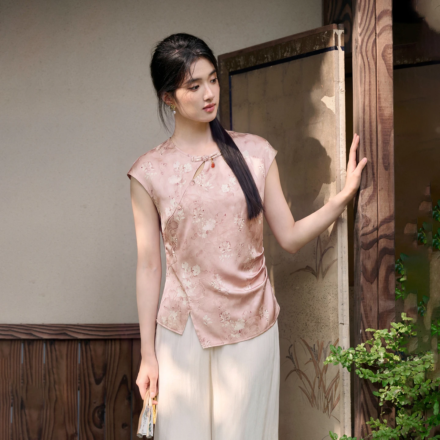 SENTUBILA Women's Jacquard Chiffon Blouse 2026 Lady Chinese Style Asymmetric Placket Printed Pink Summer Top for Woman Q62VB7944